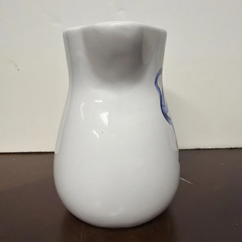 Vintage FTD White Blue Ceramic Pitcher Floral Ribbon Pattern‎ Art Pottery 6